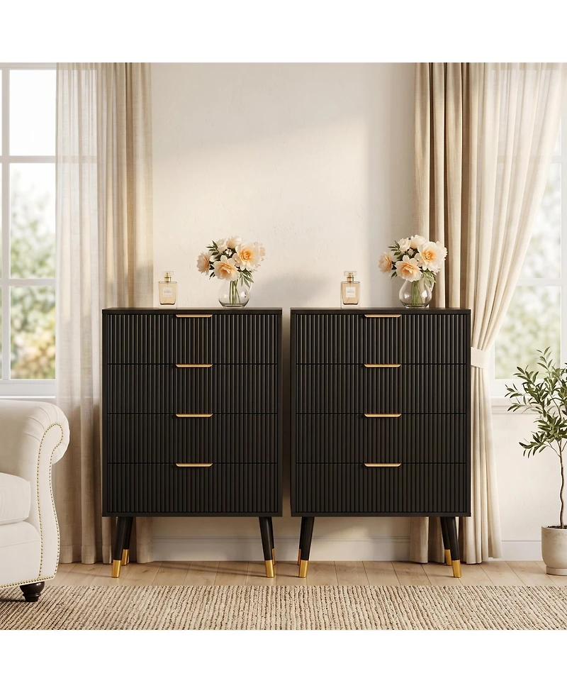 2 Set of Modern 4 Drawer Storage Chests, Compact Cabinet With Grooved Panels And Metallic Pulls, Fit Bedside, Bedroom And Entryway