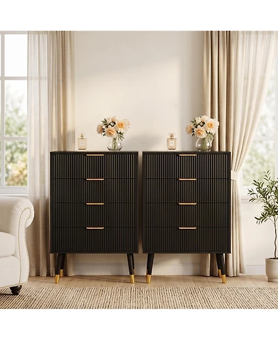 2 Set of Modern 4 Drawer Storage Chests, Compact Cabinet With Grooved Panels And Metallic Pulls, Fit Bedside, Bedroom And Entryway