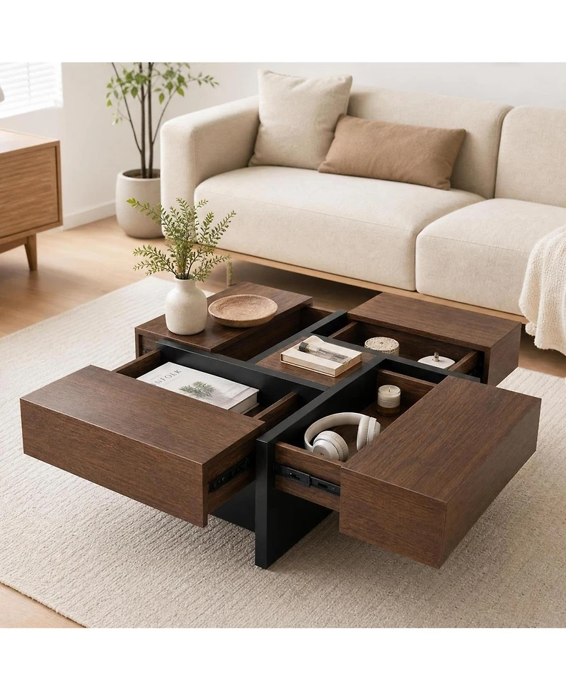 Mid-Century Modern Expandable Coffee Table with Sliding Top and Hidden Storage, Wood-Grain Finish Cocktail Tea Table for Living Room Small Spaces Apar