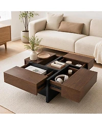 Mid-Century Modern Expandable Coffee Table with Sliding Top and Hidden Storage, Wood-Grain Finish Cocktail Tea Table for Living Room Small Spaces Apar