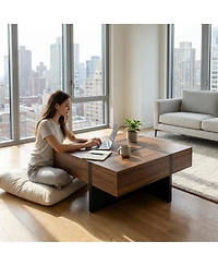 Mid-Century Modern Expandable Coffee Table with Sliding Top and Hidden Storage, Wood-Grain Finish Cocktail Tea Table for Living Room Small Spaces Apar