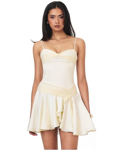Miss Circle Women's Yvonne Ivory Satin Asymmetrical Ruched Mini Dress