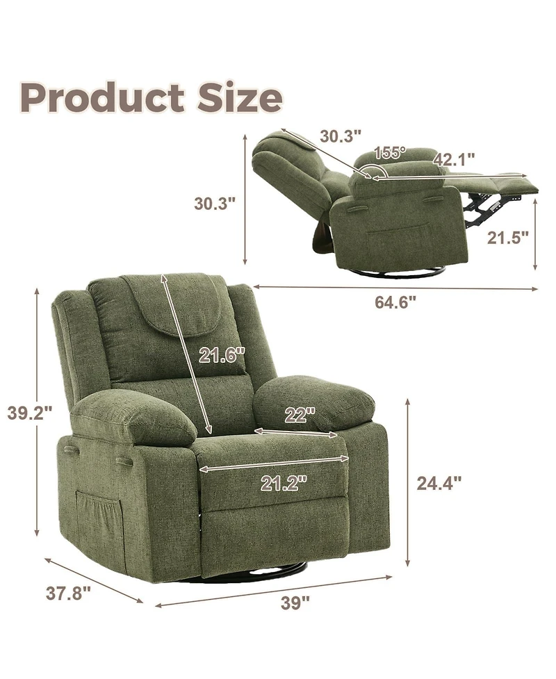 Oversized 360degree(s) Swivel Rocking Recliner Chair Deep Seat | High Back Heat and Vibration Massage Side Pocket Single Sofa for Living Room, Bedroom