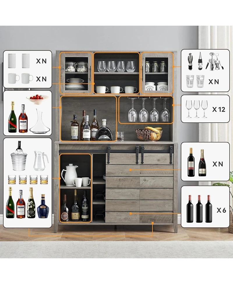 70 in Tall Farmhouse Coffee Bar Cabinet, Kitchen Hutch with Sliding Barn Door, Buffet with Wine Rack and Glass Holder for Dining Room, Living Room