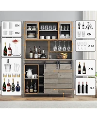 70 in Tall Farmhouse Coffee Bar Cabinet, Kitchen Hutch with Sliding Barn Door, Buffet with Wine Rack and Glass Holder for Dining Room, Living Room