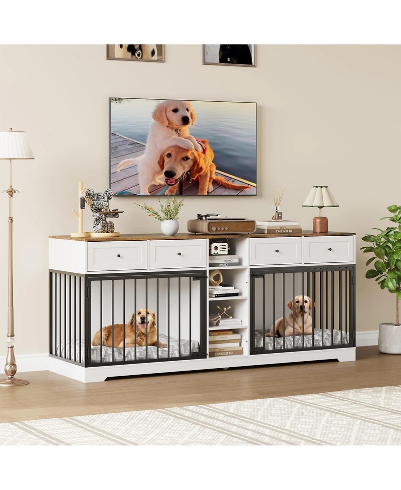 82" Double Dog Crate Furniture with Drawers and Shelves, Heavy Duty Wooden Dog Crate Tv Stand, Large Dog Kennel Indoor for 2 Medium/Large Dogs