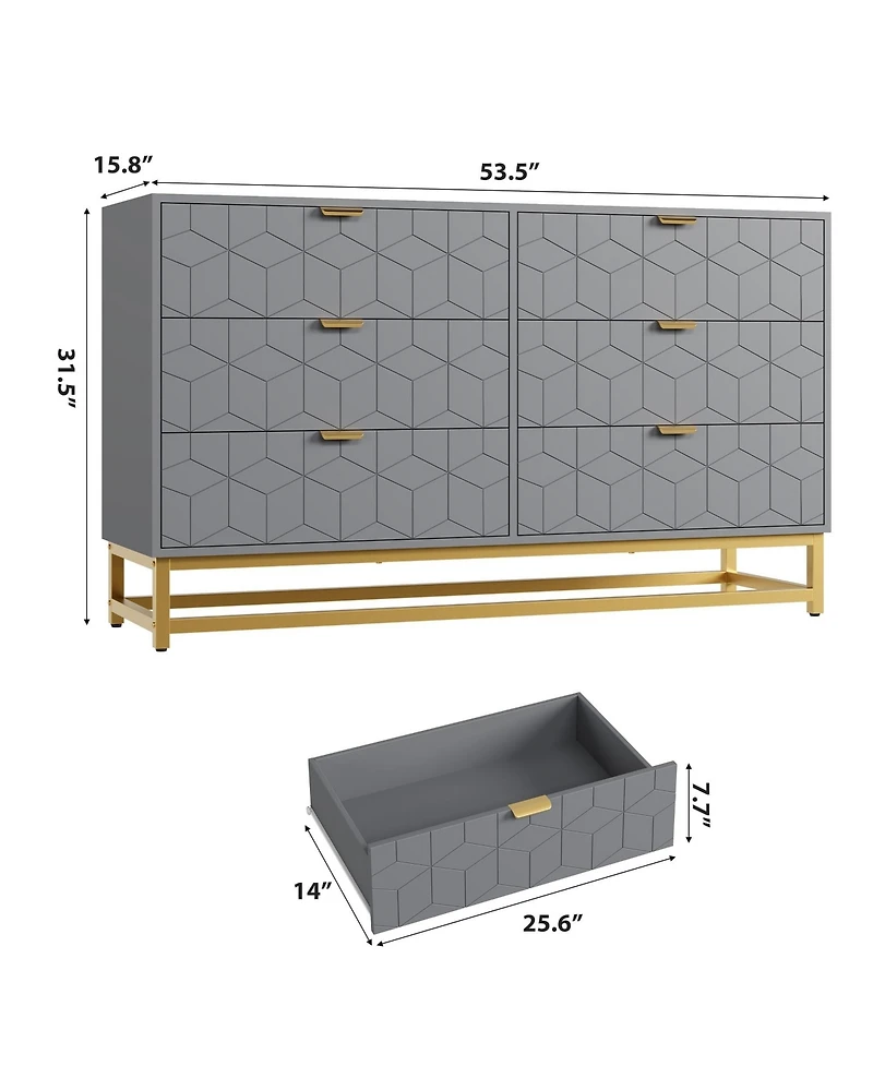 6 Drawer Dresser for Bedroom, 53.5" Large Dresser with Metal Legs, Modern Chest Organizer with Wide Storage, Chest of Drawers for Bedroom, Entryway