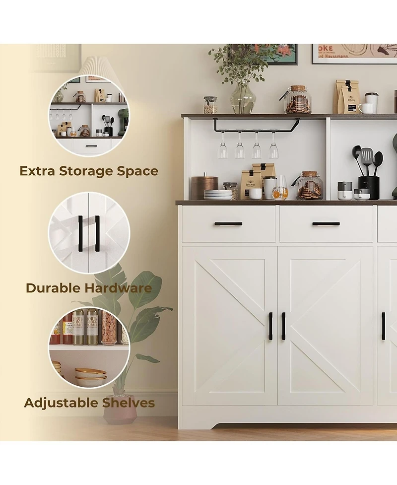 Farmhouse Entryway Sideboard Cabinet with Barn Doors, Drawers and Shelves, Large Wood Coffee Bar Storage Pantry Organizer for Dining Room, Living Room