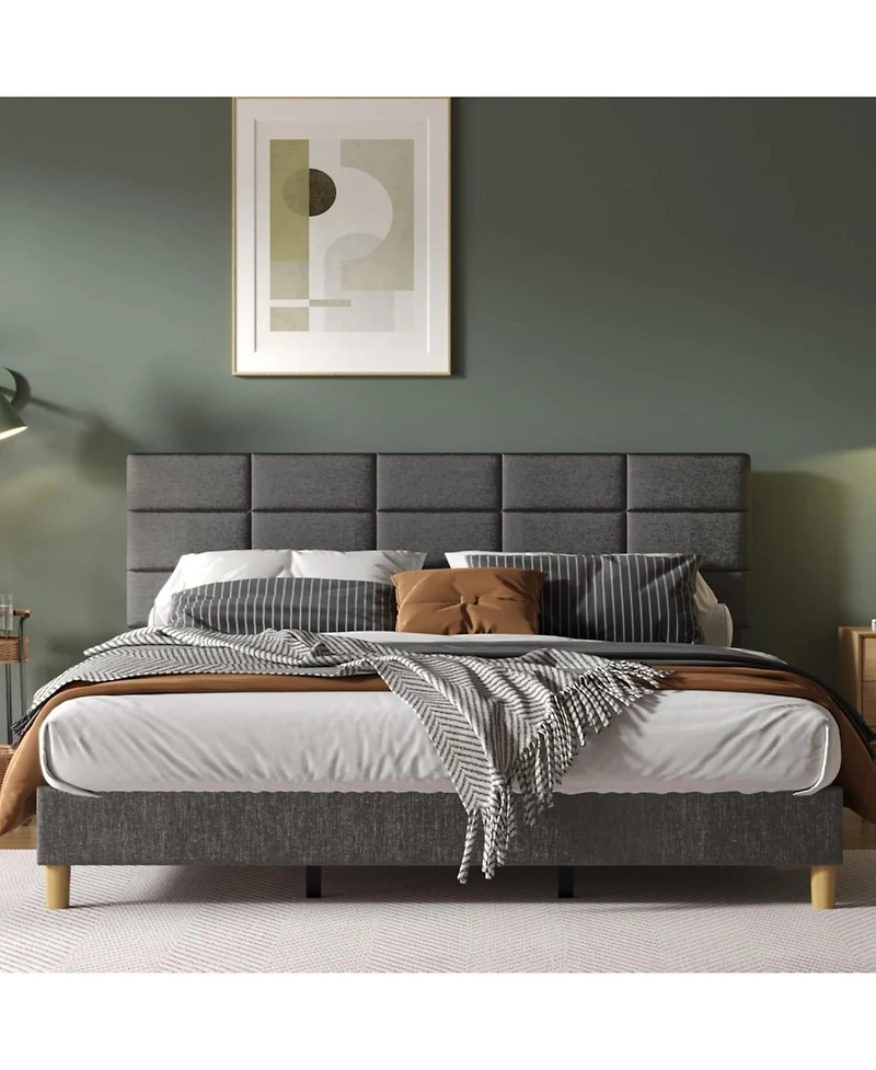 gaomon King Bed Frame, Linen Upholstered Platform King Bed Frame with Height Adjustable Headboard, Metal Frame King Bed Frame with Strong Wood Slats a