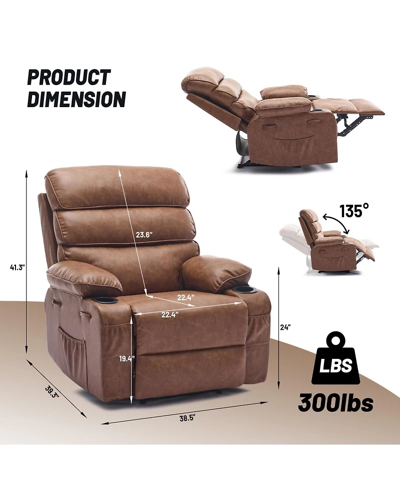 Oversized Manual Pu Leather Recliner Chair with Massage and Heating Function, Thickened Sponge Cushioned Single Lounge Sofa for Indoor Use