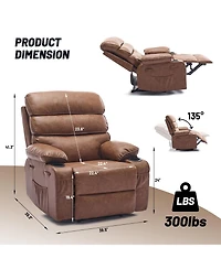 Oversized Manual Pu Leather Recliner Chair with Massage and Heating Function, Thickened Sponge Cushioned Single Lounge Sofa for Indoor Use