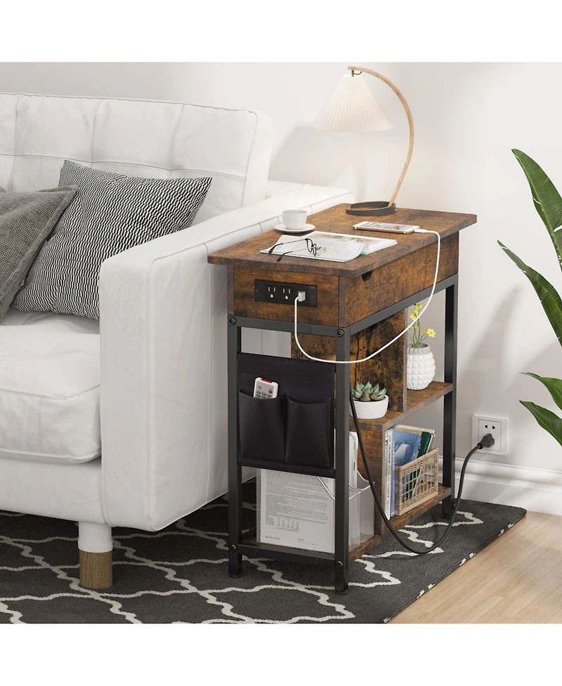 Narrow End Table with Charging Station and Turnover Storage Shelf, Rustic Brown Mdf Wood Side Table with Usb Ports for Living Room Bedroom Office