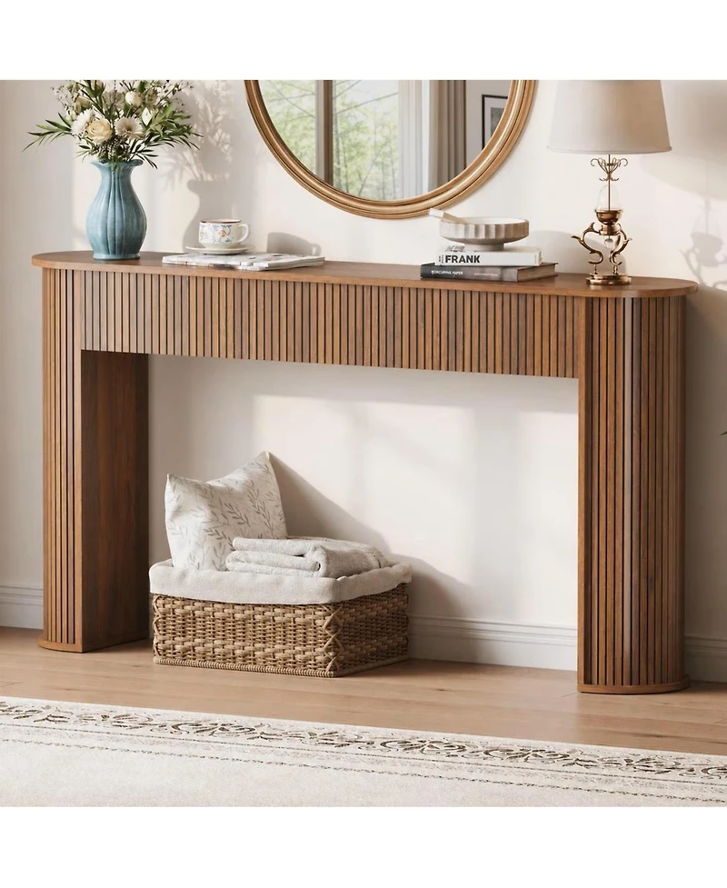 59"Fluted Console Table and 39" Oval Coffee Table 2-Piece Set, Walnut Engineered Wood Modern Furniture for Living Room and Entryway