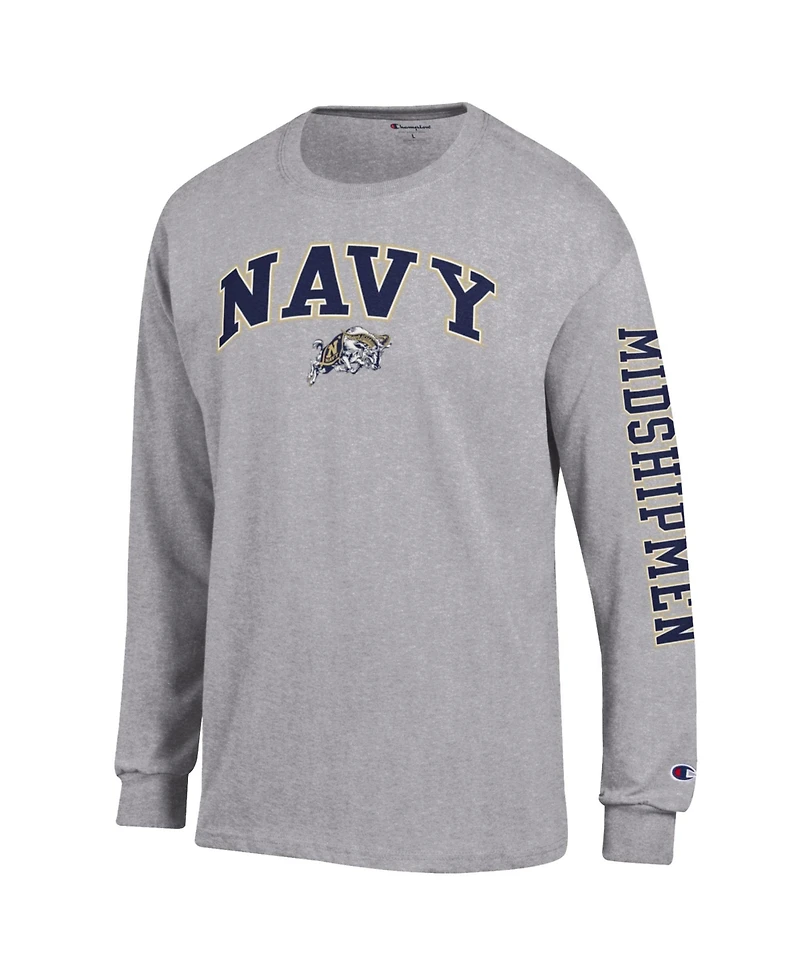 Champion Men's Heather Gray Navy Midshipmen Arch Over Logo 2-Hit Long sleeves T-Shirt
