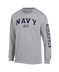 Champion Men's Heather Gray Navy Midshipmen Arch Over Logo 2-Hit Long sleeves T-Shirt
