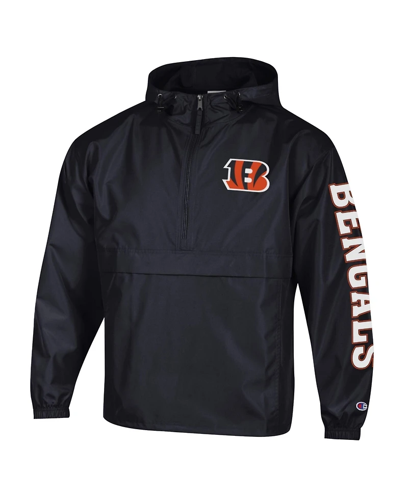 Champion Men's Black Cincinnati Bengals Packable Hooded Windbreaker Half-Zip Jacket