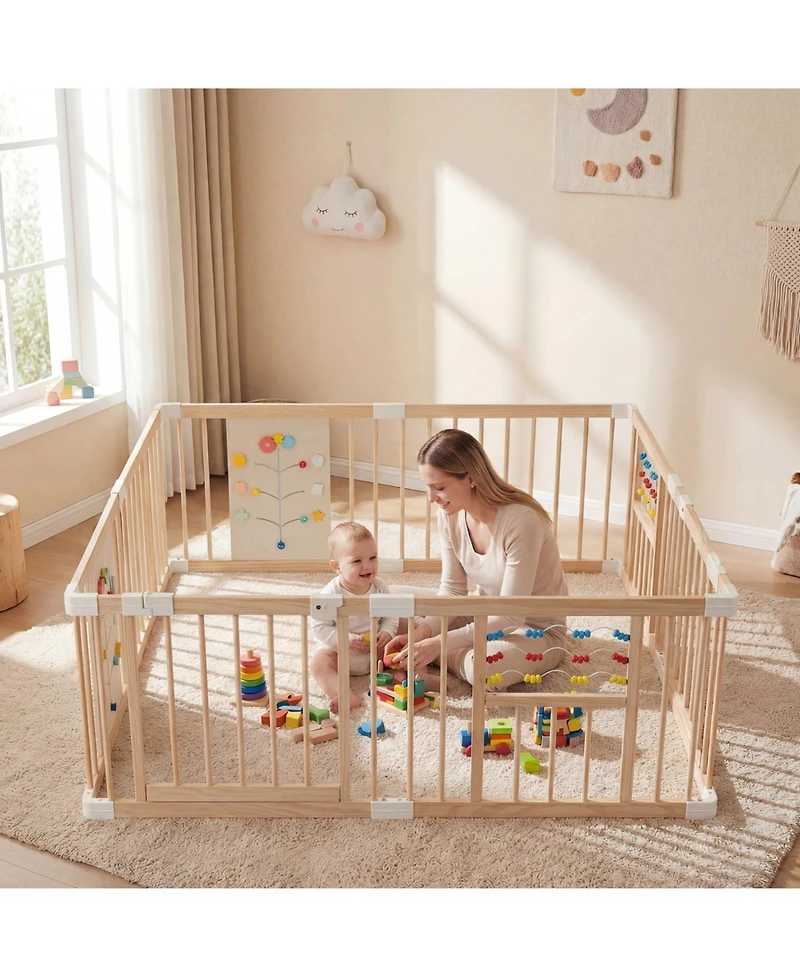 Slickblue Large Adjustable Wooden Playpen for Babies, Infants and Toddlers