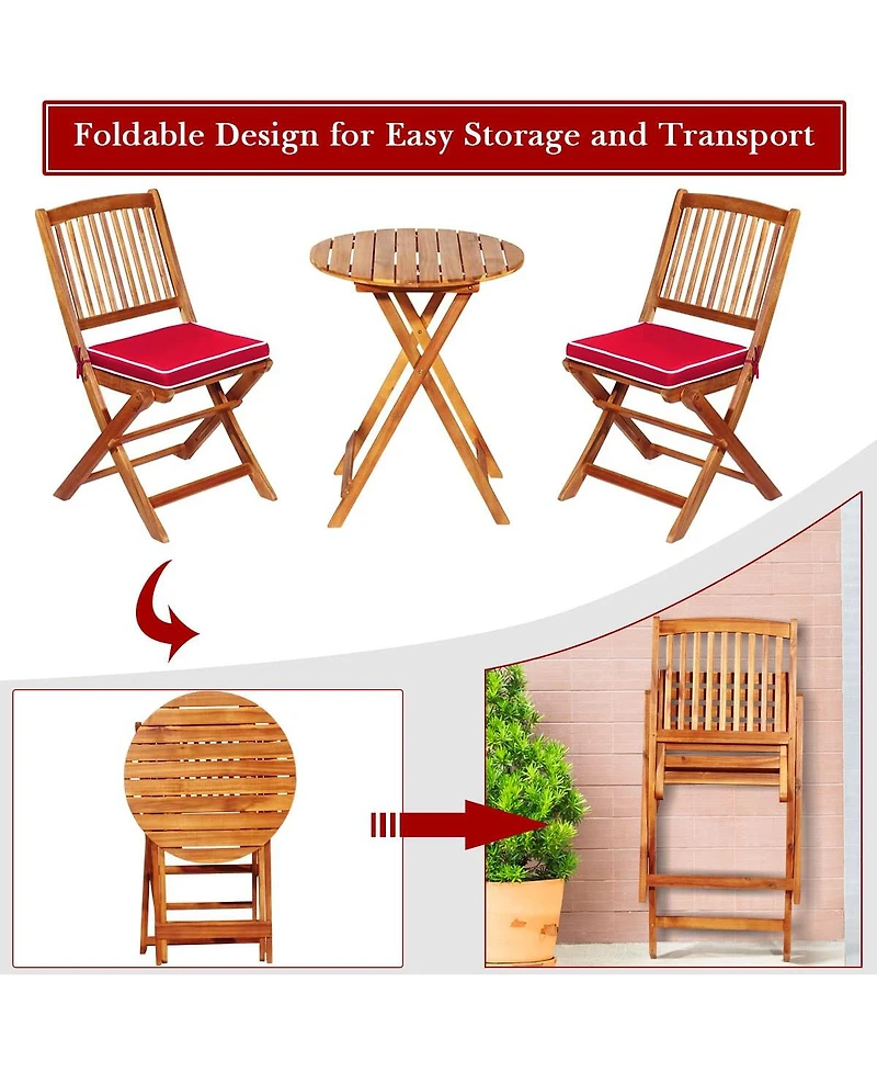 Sugift 3 Pieces Patio Folding Bistro Set with Padded Cushion and Round Coffee Table