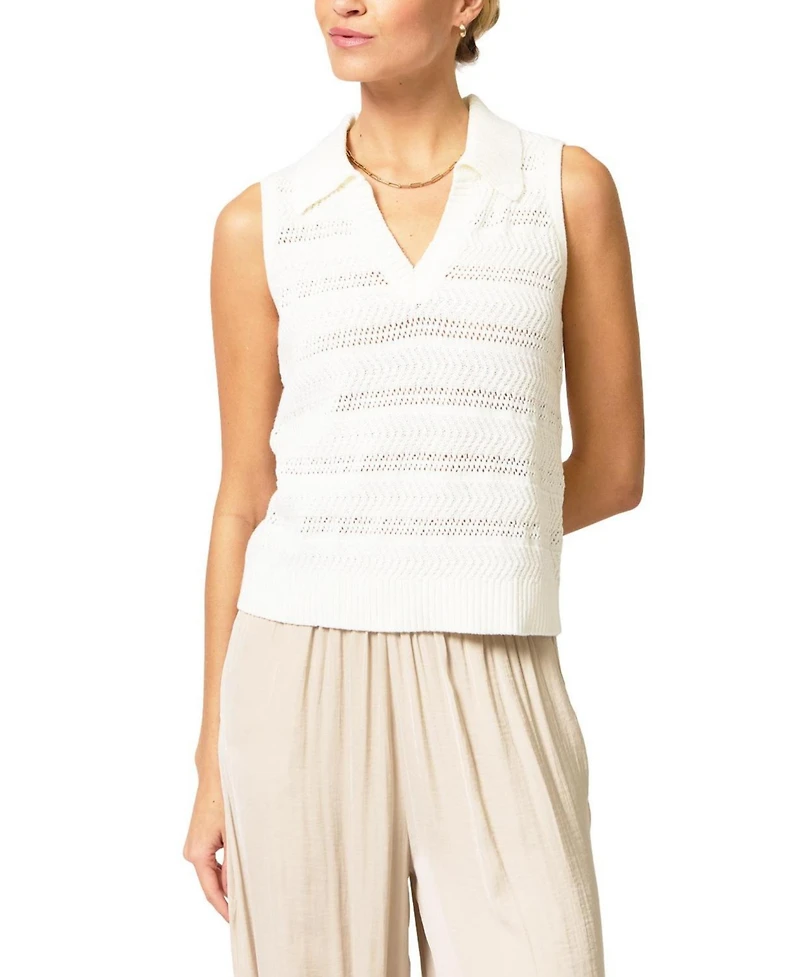 Central Park West Women's Avery Pointelle Sleeveless Polo Collar V-Neck Sweater Vest