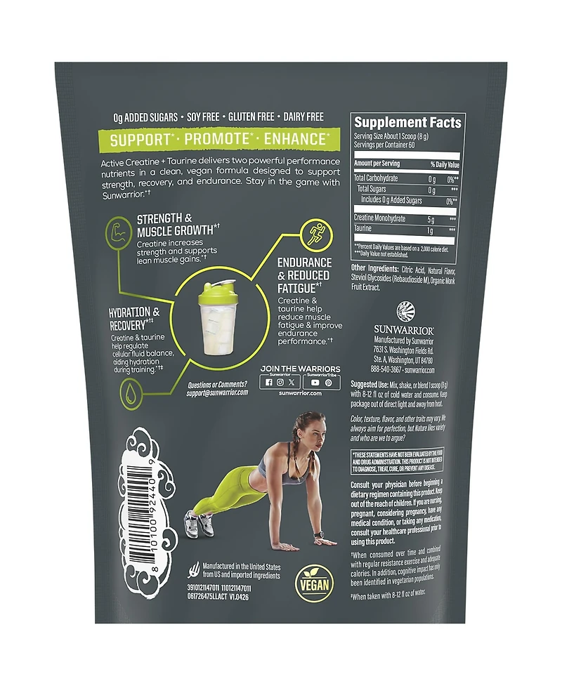 Sunwarrior Active Creatine Plus Taurine Powder, Lemon Lime Flavor, 474.6 Gram (60 Servings)