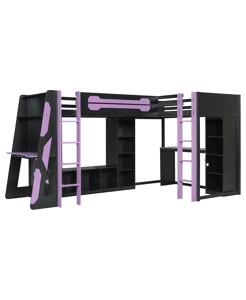 Streamdale Furniture L-Shaped Twin Gaming Loft Bed with Rgb Lights, Usb, and Storage