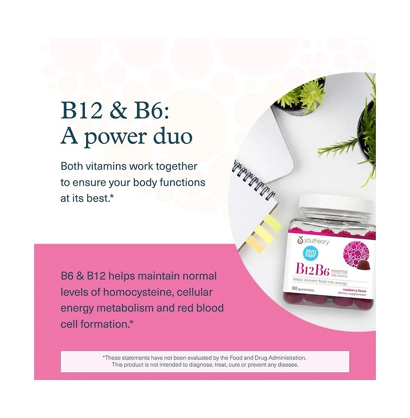Youtheory B12B6 Vitamin B6 and Vitamin B12 Offers Brain Health, Energy and Immunity Support Dairy, Soy and Gluten Free 60 Gummies