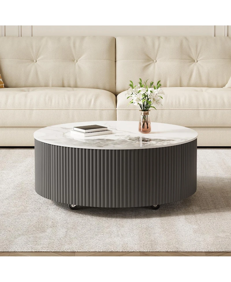 Streamdale FurnitureModern Round Movable Coffee Table with Casters and 2 Drawers