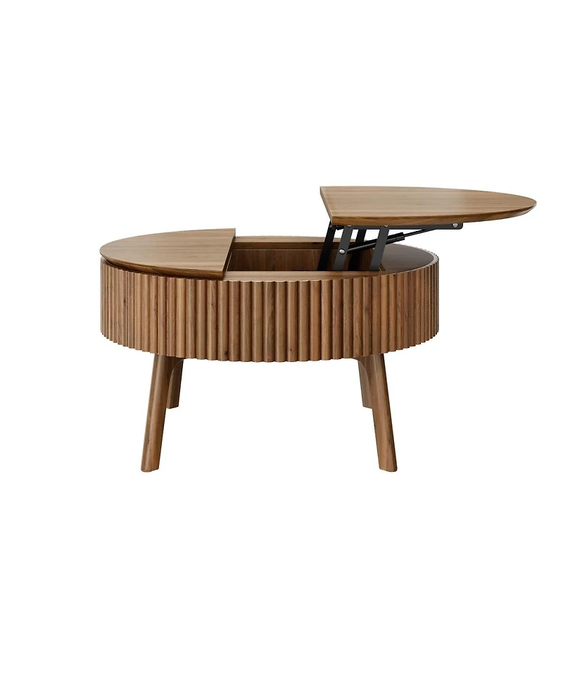 Streamdale Furniture Modern Round Lift-Top Fluted Coffee Table with Hidden Storage, Walnut
