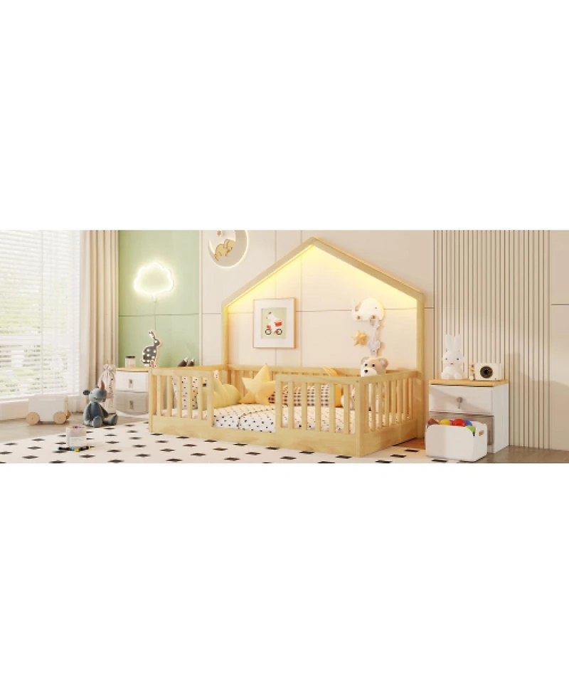 Streamdale Furniture Twin Floor Bed with High Rails and Light for Kids