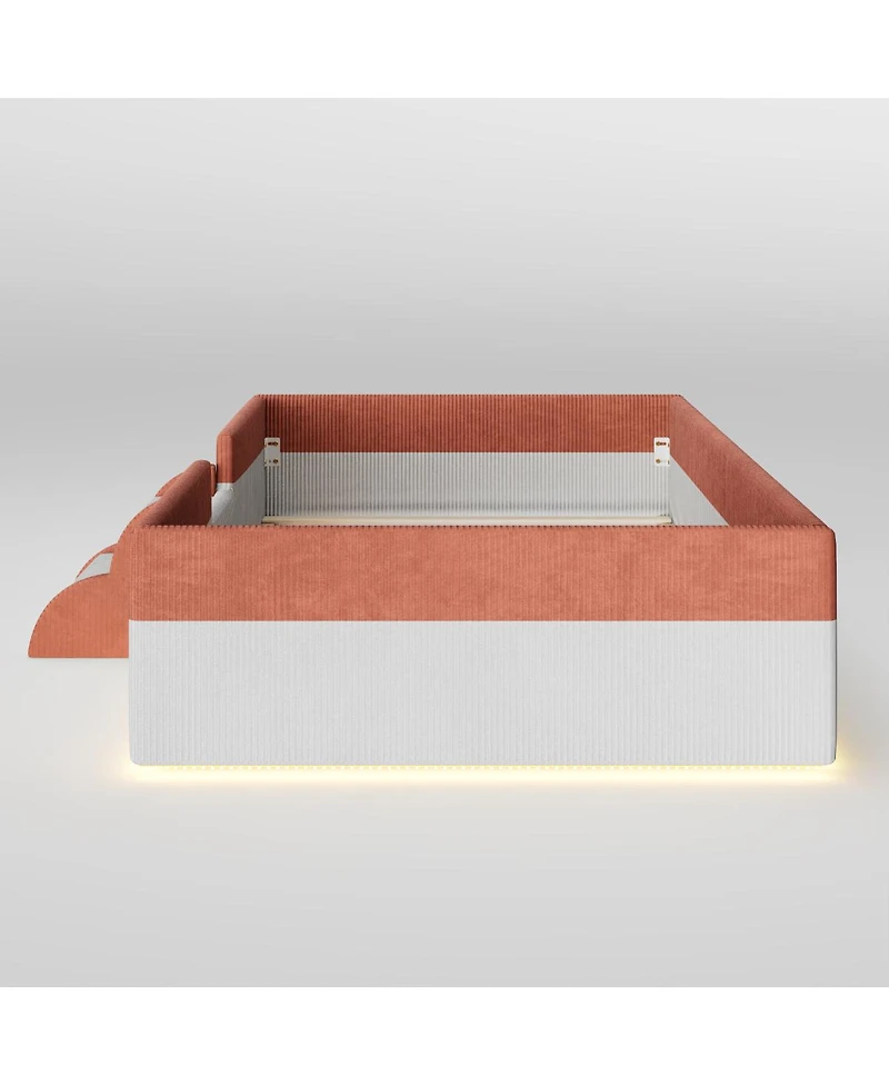 Streamdale Furniture Twin Upholstered Floor Bed with Fence, Steps and Led Lights