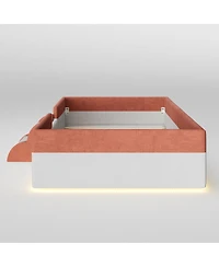 Streamdale Furniture Twin Upholstered Floor Bed with Fence, Steps and Led Lights