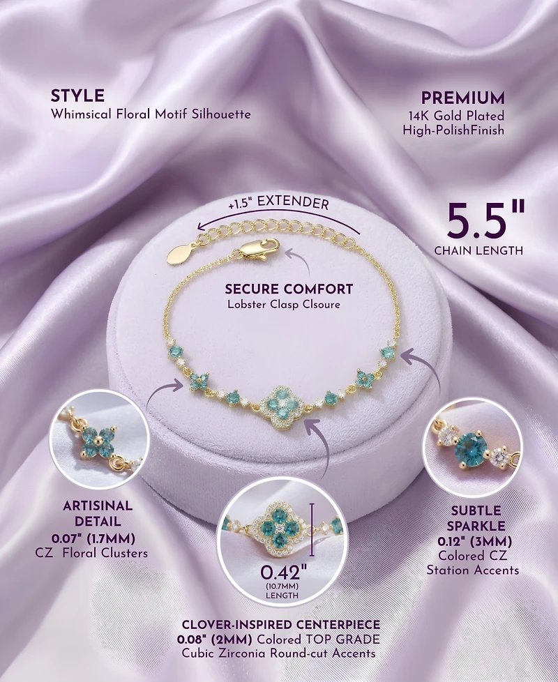 GiGiGirl Radiant 14K Gold Plated Cz Clover and Floral Charms Bracelet