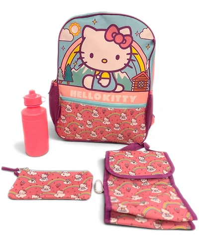 Accessory Innovations Boys' and Girls' Hello Kitty Backpack, Lunch Bag, Water Bottle, Zip Case and Carabiner, 5-Piece Set