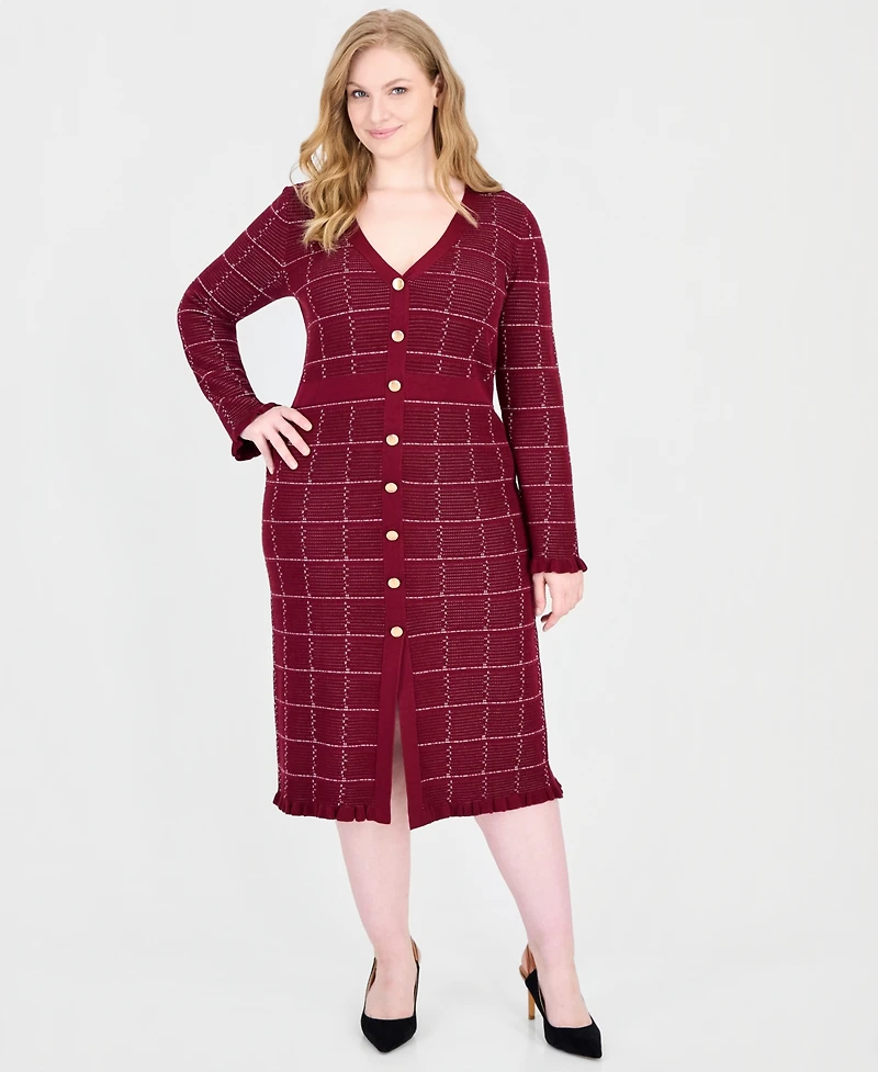 Sandra Darren Plus Size Plaid Button-Front V-Neck Midi Sweater Dress