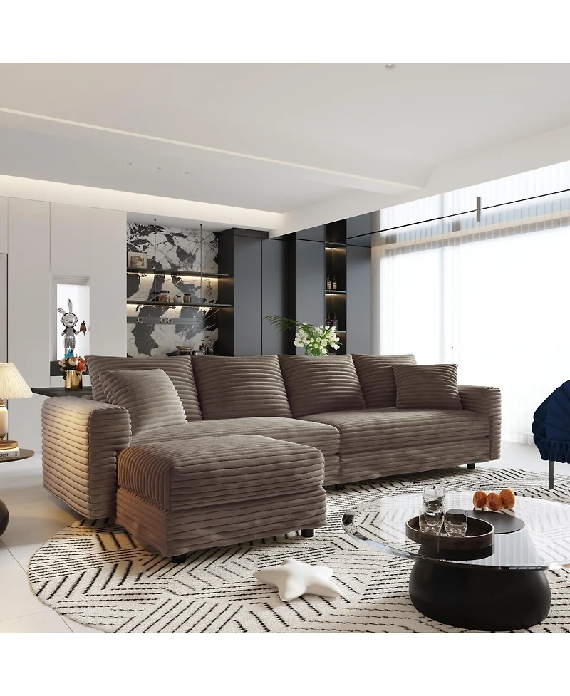 Streamdale Furniture Plush Corduroy 4-Seat Cloud Sofa with Ottoman