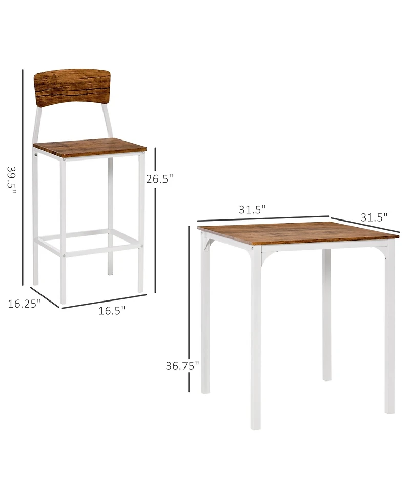Flynama 3-Piece Industrial Bar Set, Square Steel Frame Table and 2 Stools with Footrests