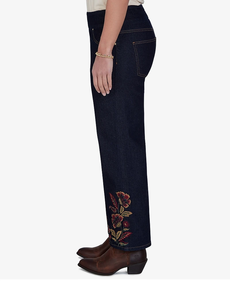 Ruby Rd. Petite Pull-On Wide-Leg Embroidered Denim Pants