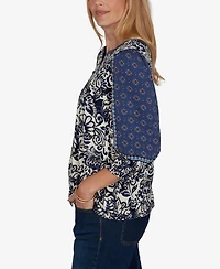 Ruby Rd. Petite Foliage Henley 3/4-Sleeve Floral-Print Blouse