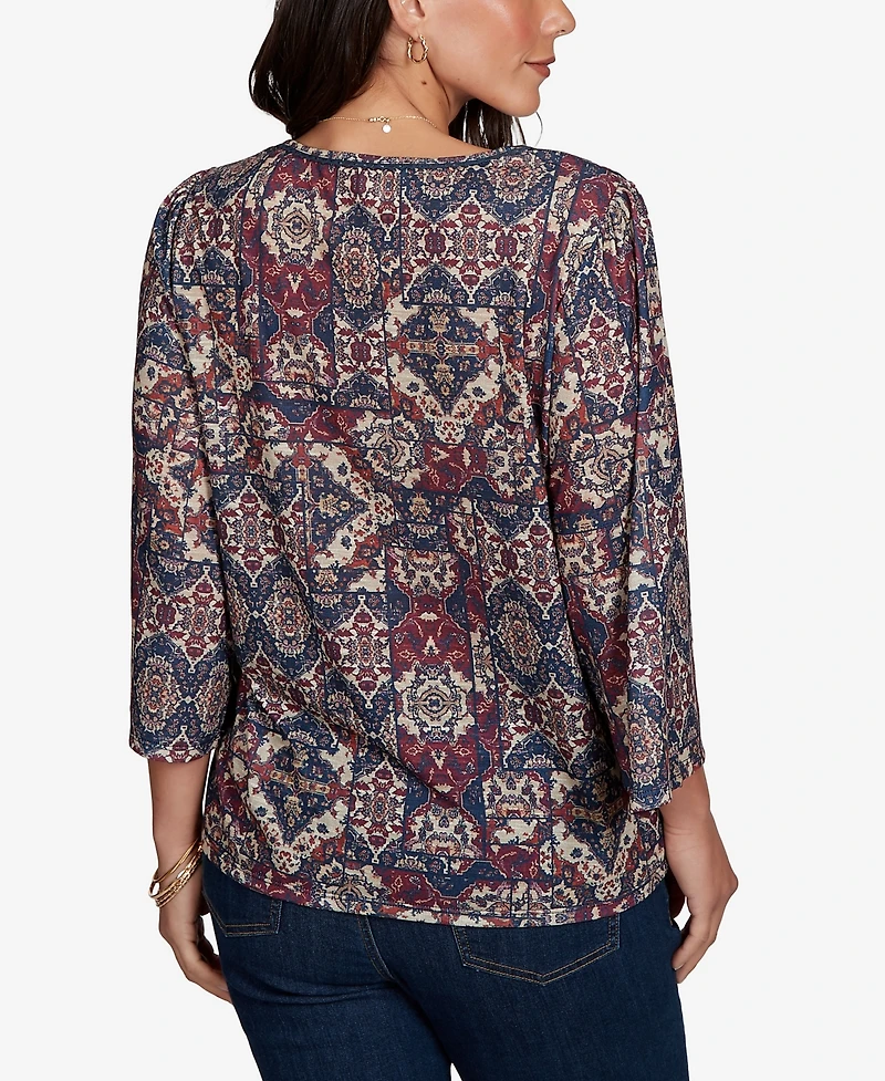 Ruby Rd. Petite Patchwork 3/4-Sleeve Henley Blouse