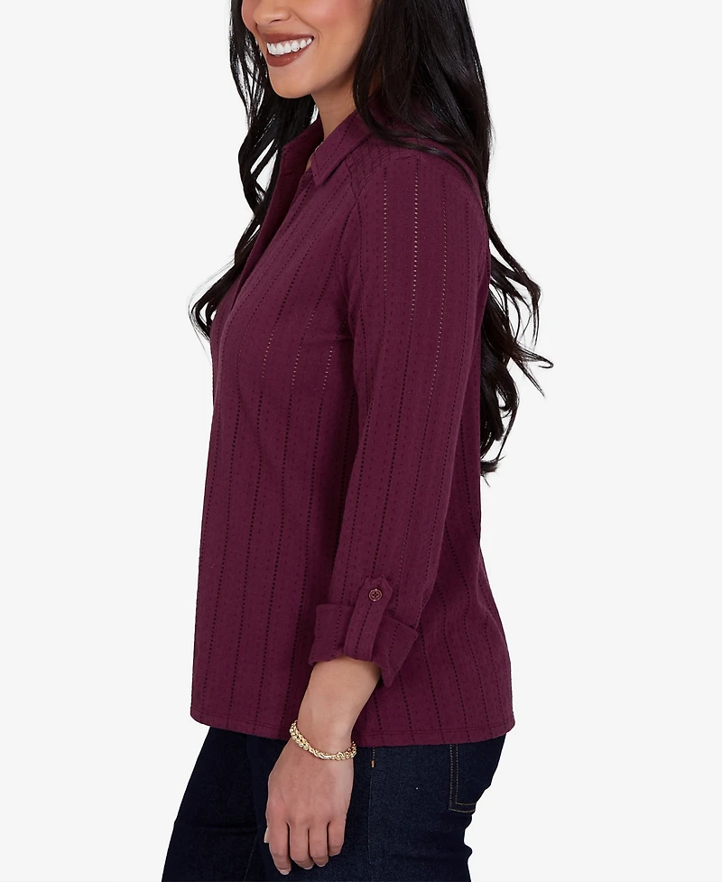 Ruby Rd. Petite Striped 3/4-Sleeve Henley Collar Blouse
