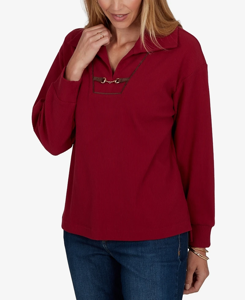 Ruby Rd. Petite Knt Premium Rib Collared Long-Sleeve Top