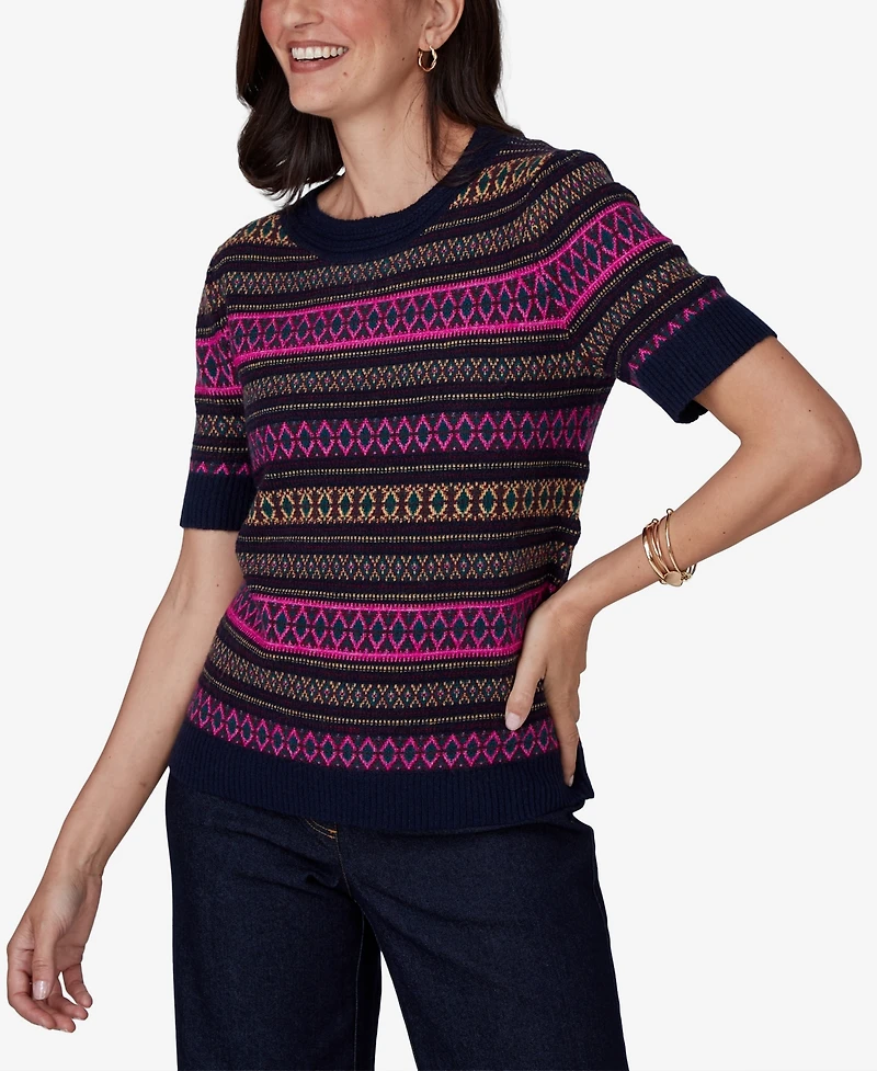 Ruby Rd. Petite Fair Isle Short-Sleeve Scoop Neck Sweater