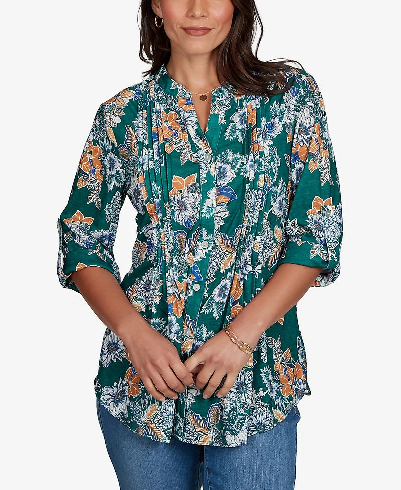 Ruby Rd. Petite Kensington Henley 3/4-Sleeve Floral Blouse