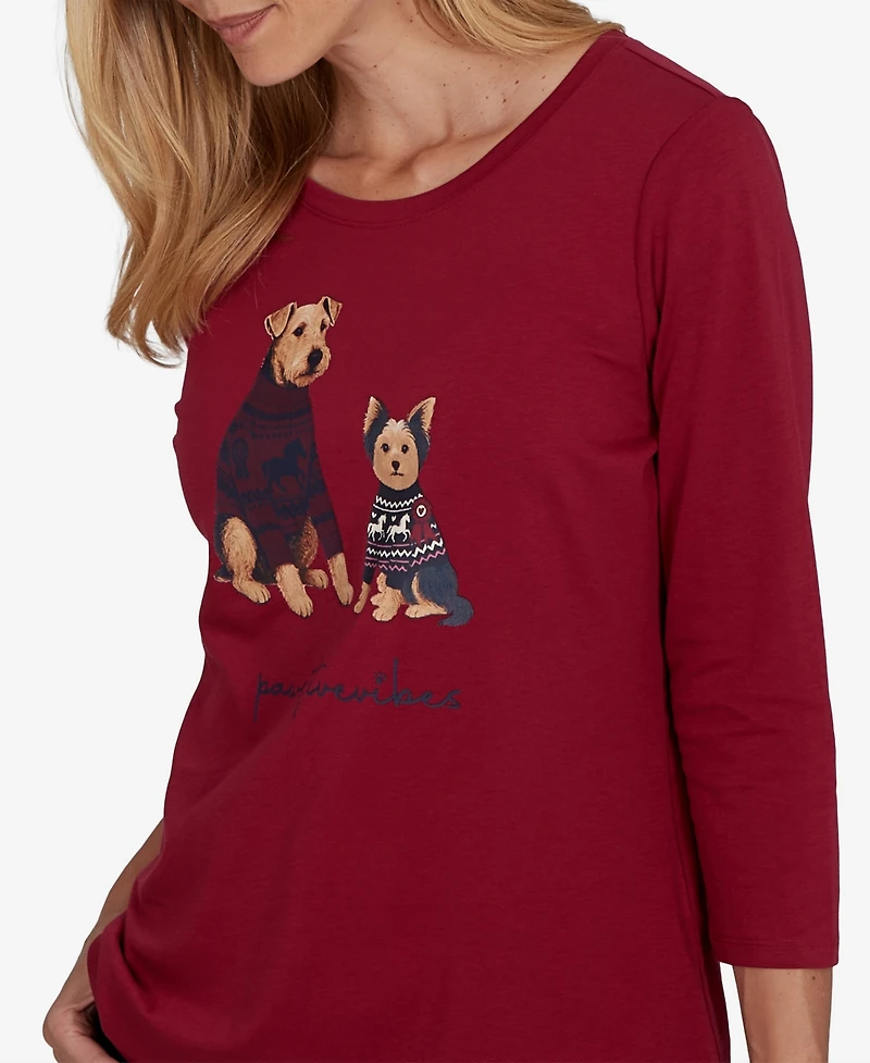 Ruby Rd. Petite Pawsitive Graphic Boat Neck 3/4-Sleeve Cotton-Blend T-Shirt