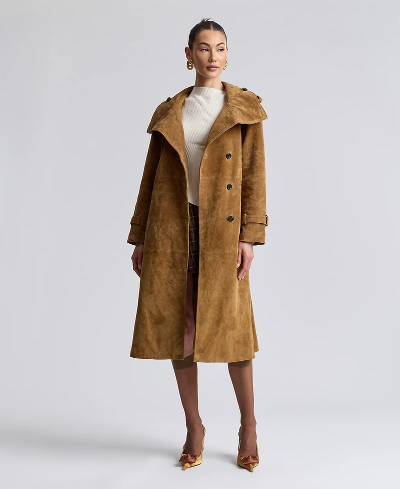 Avec Les Filles Women's Funnel-Neck Suede Oversized Trench Coat