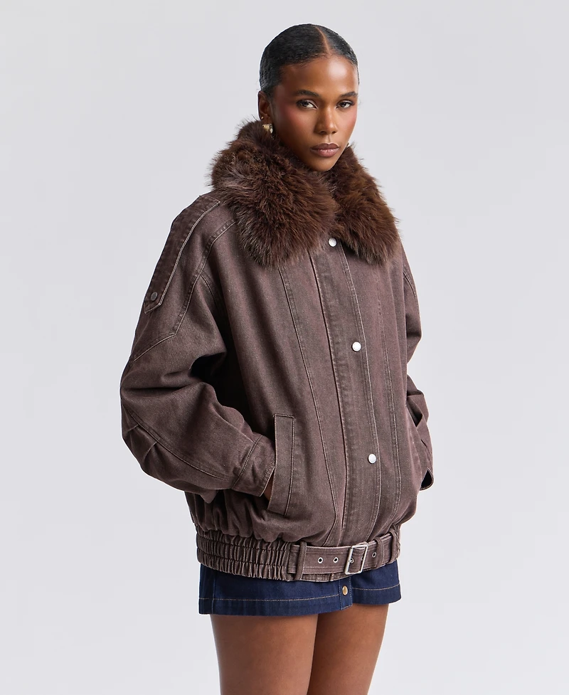 Avec Les Filles Women's Oversized-Fit Detachable Faux Fur Collar Bomber Coat