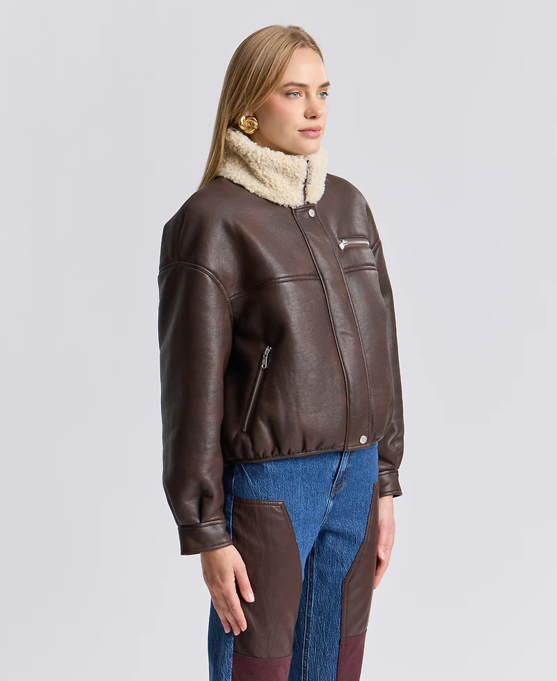Avec Les Filles Women's Faux Shearling Oversized-Fit Bomber Jacket