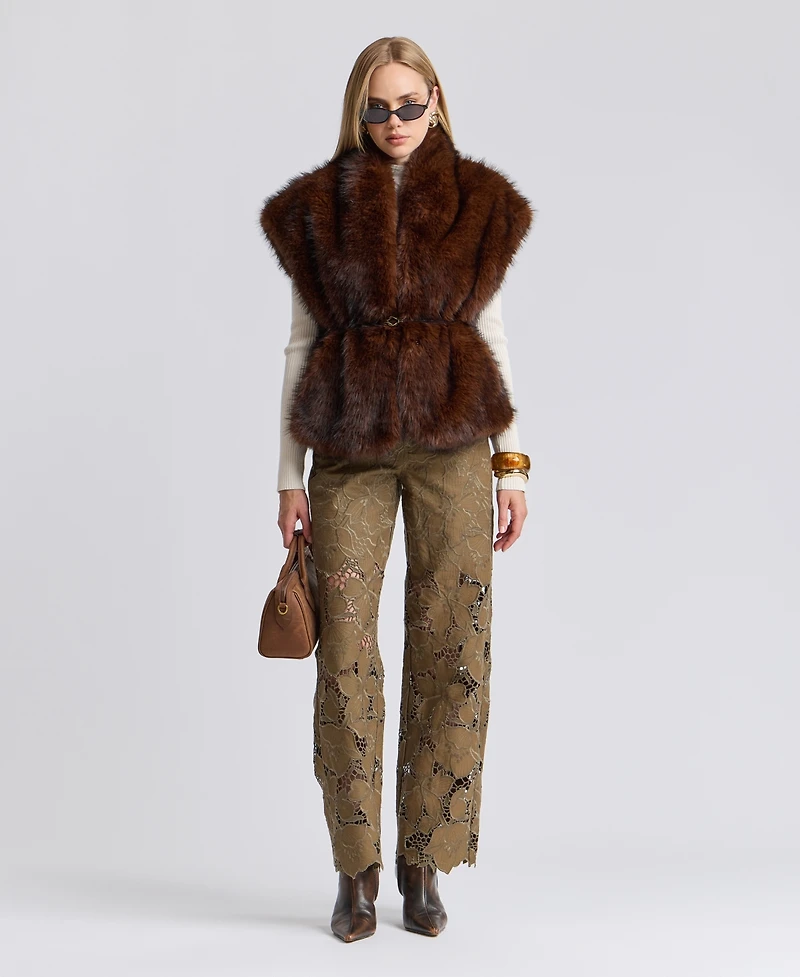 Avec Les Filles Women's Belted Faux Fur Shawl Collar Vest