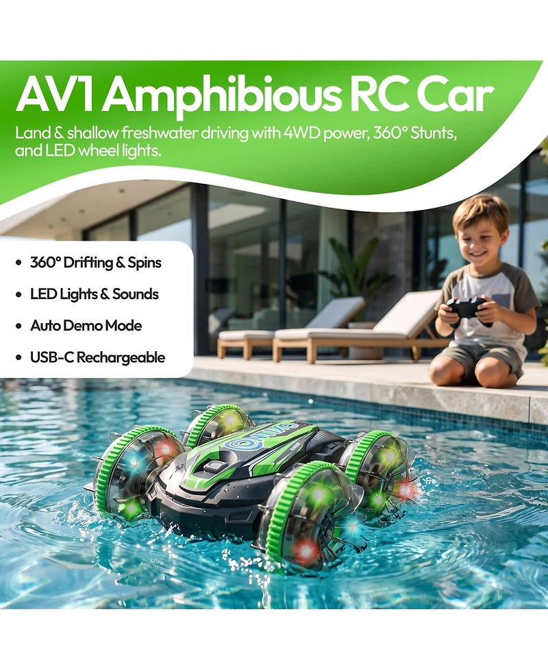 Contixo AV1 Amphibious 4WD Rc Stunt Car with Led Lights, Auto Demo and Usb-c Battery, Ages 6+