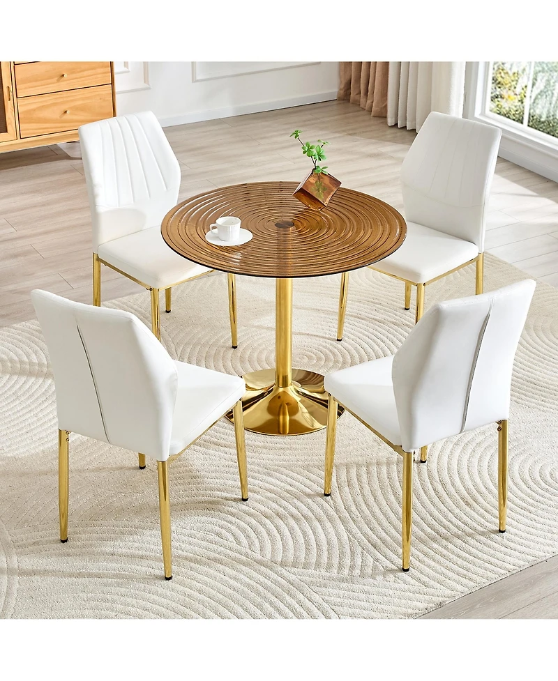 Flynama 5-Piece Ring Glass Round Dining Set, Gold Frame Table and 4 Pu Shell Chairs